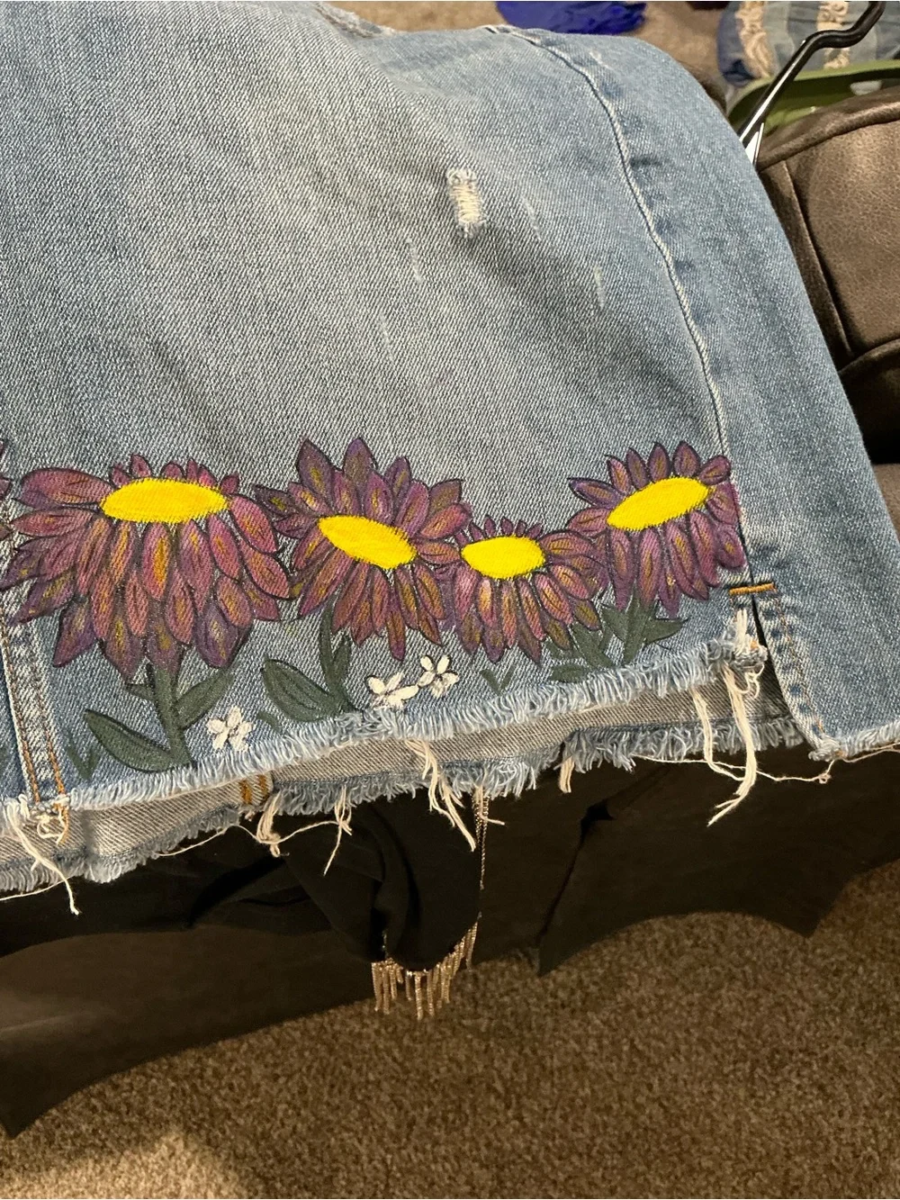 UPCYCLED LOFT Denim Mini Skirt with HANDPAINTED Purple & Yellow Floral Border